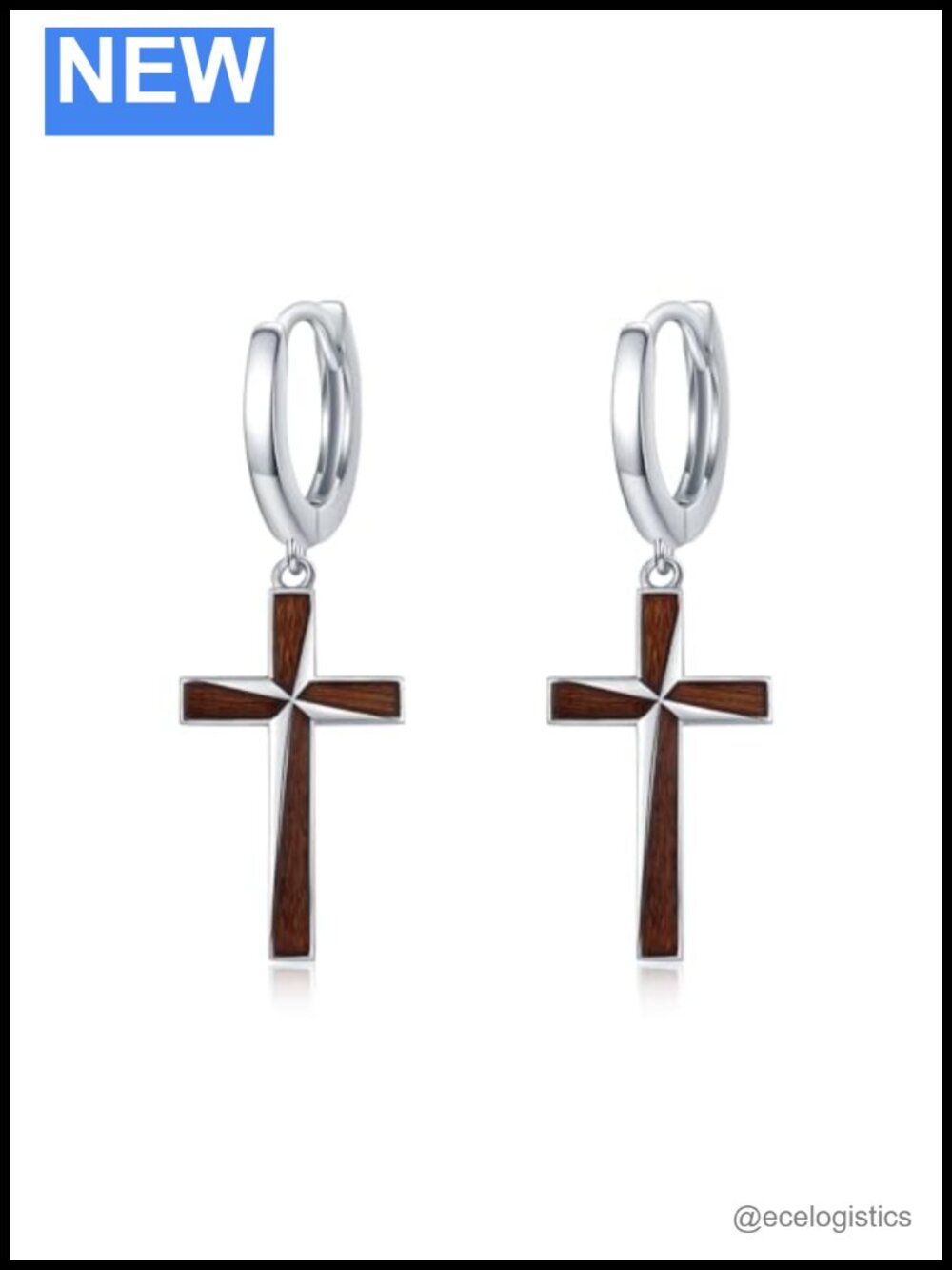 Cross Earrings 925 Sterling Silver Wood Hoop Drop Christian Gift